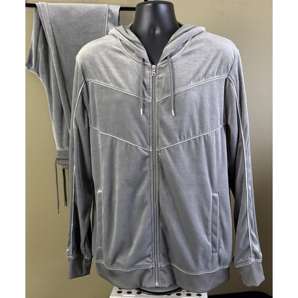 INC International Concepts Men Velour Tracksuit Set Gray Velvet Hoodie Pants XL